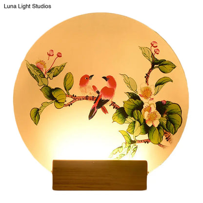 Mural de pared acrílico LED chino con pájaros y flores circulares, soporte de pared de madera