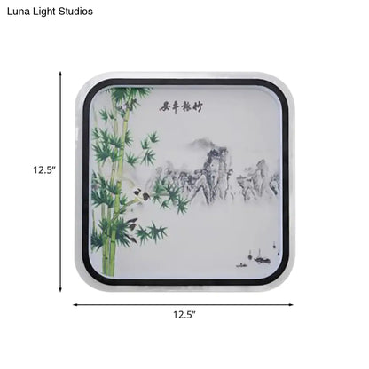 Aplique de pared LED chino de montaje empotrado con diseño de hojas/flores negras y pantalla de tela