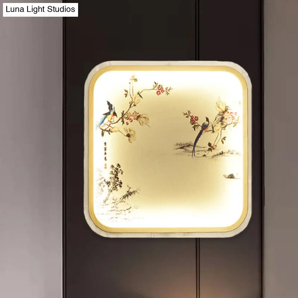 Aplique de pared LED chino de montaje empotrado con diseño de hojas/flores negras y pantalla de tela