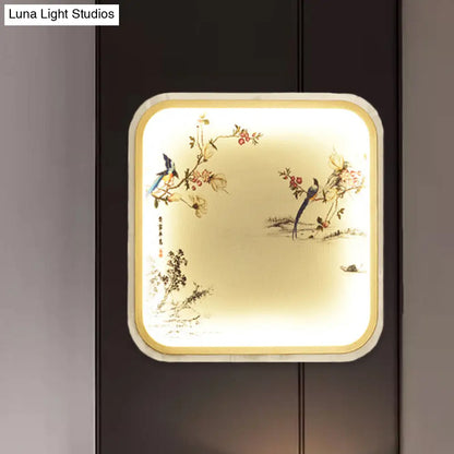 Aplique de pared LED chino de montaje empotrado con diseño de hojas/flores negras y pantalla de tela