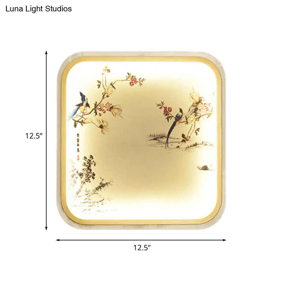 Aplique de pared LED chino de montaje empotrado con diseño de hojas/flores negras y pantalla de tela