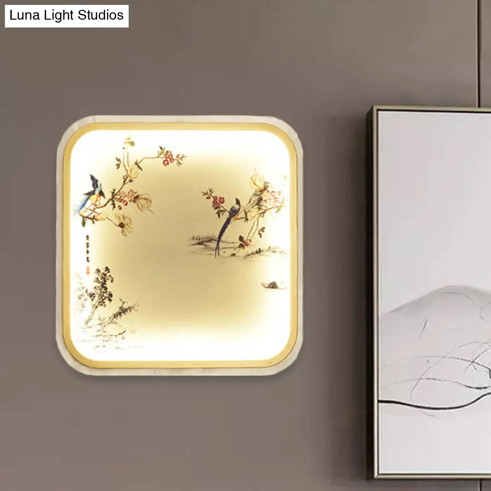 Aplique de pared LED chino de montaje empotrado con diseño de hojas/flores negras y pantalla de tela