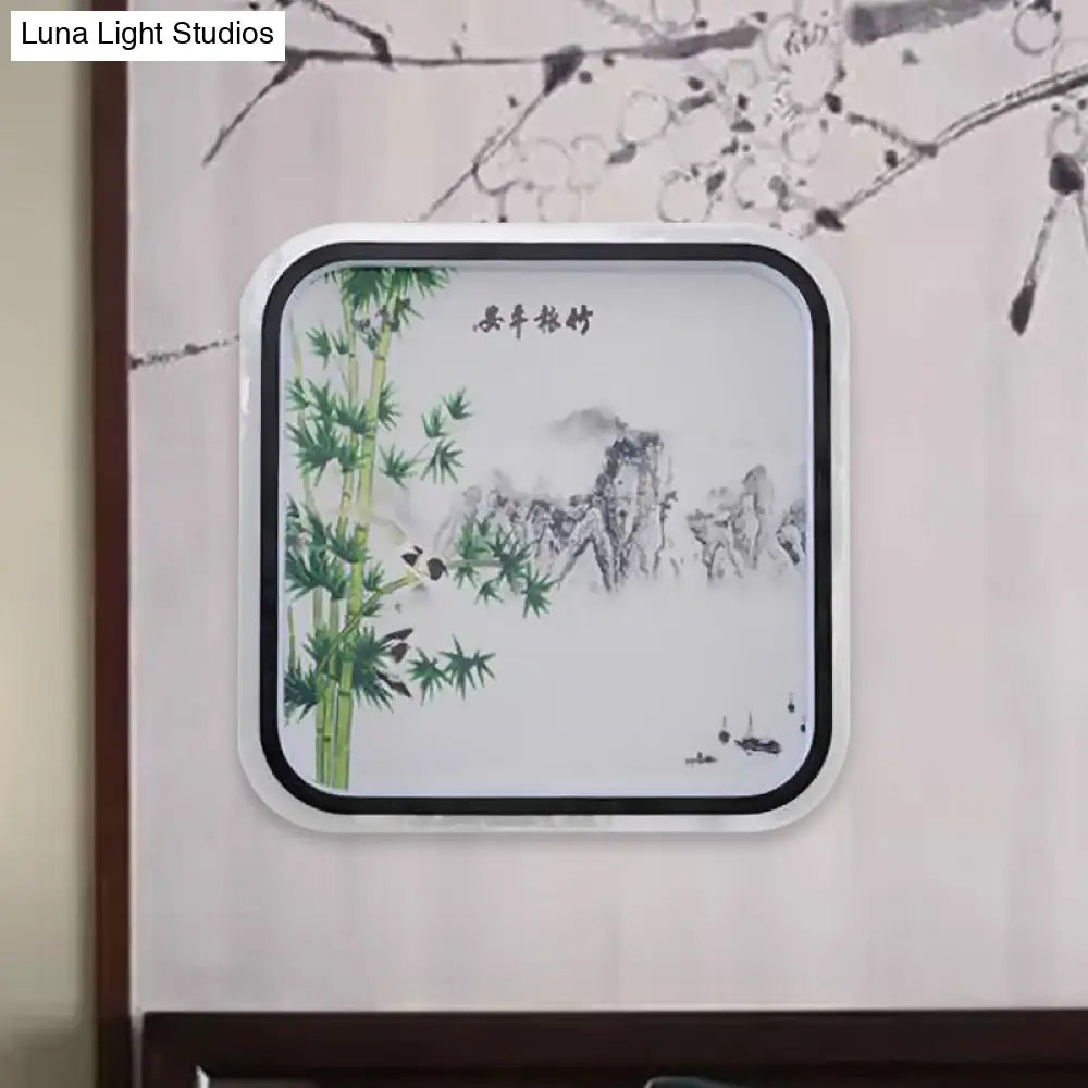 Aplique de pared LED chino de montaje empotrado con diseño de hojas/flores negras y pantalla de tela