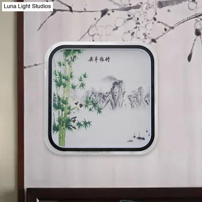 Aplique de pared LED chino de montaje empotrado con diseño de hojas/flores negras y pantalla de tela