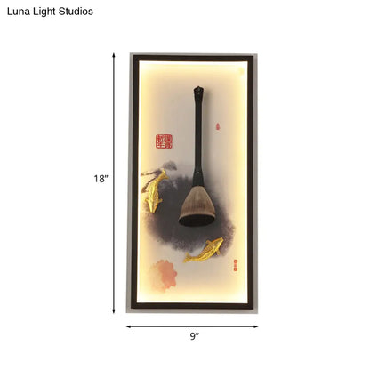 Chinese Metal Wall Lamp: Fish & Writing Brush LED Mural Light for Study Room in Black