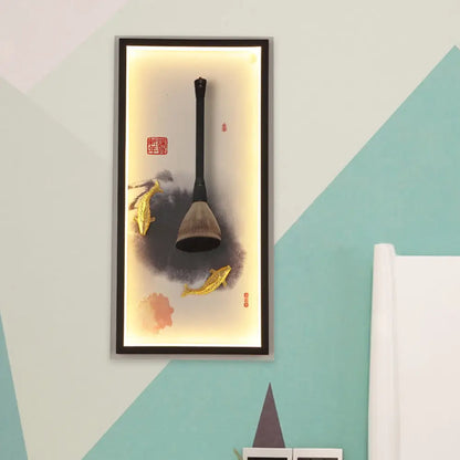 Chinese Metal Wall Lamp: Fish & Writing Brush LED Mural Light for Study Room in Black
