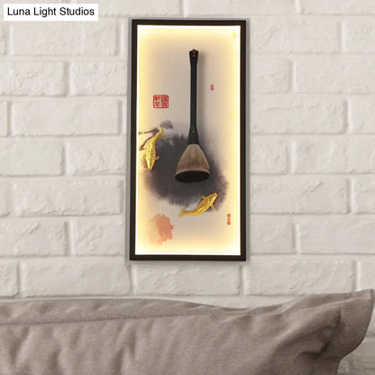 Chinese Metal Wall Lamp: Fish & Writing Brush LED Mural Light for Study Room in Black