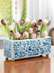 Blue and white ceramic flowerpot vase with intricate floral bird designs holding pink purple tulips for living room decorbites blue white white porcelain