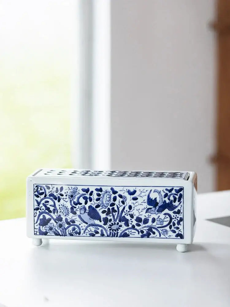 A white porcelain rectangular tissue box with blue floral bird patterns for Chinese retro decorbites blue white decor