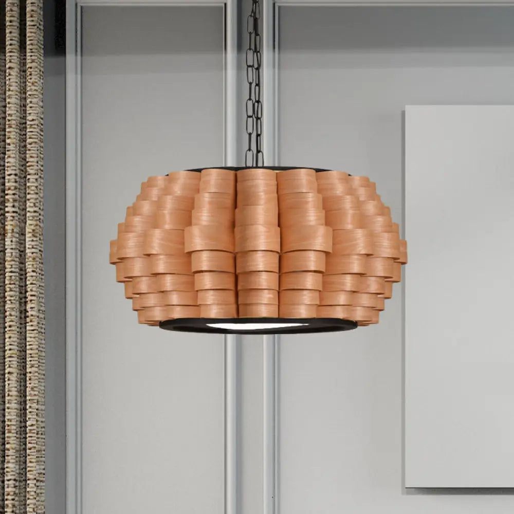 Chinese Single Light Veneer Pendant Lamp - Wide Wood Barrel Shade Hanging Light for Dining Room (16"/19.5"/23.5")