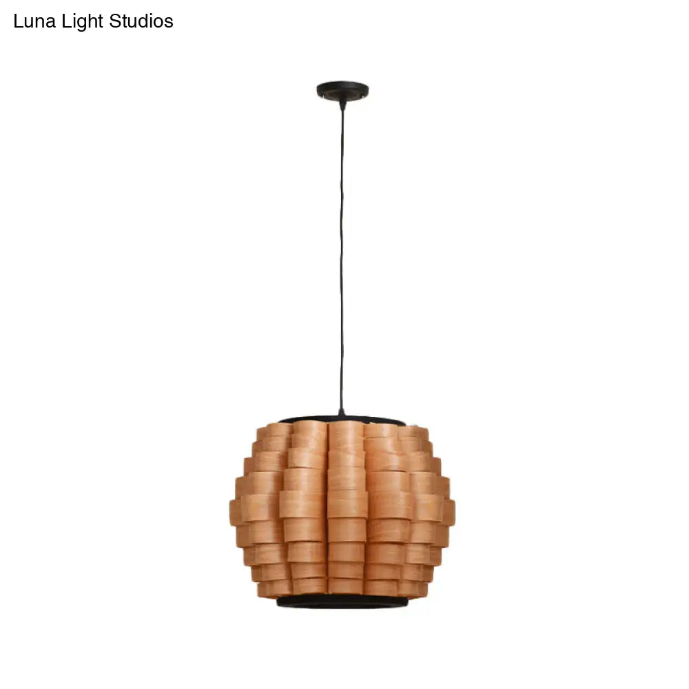 Chinese Single Light Veneer Pendant Lamp - Wide Wood Barrel Shade Hanging Light for Dining Room (16"/19.5"/23.5")