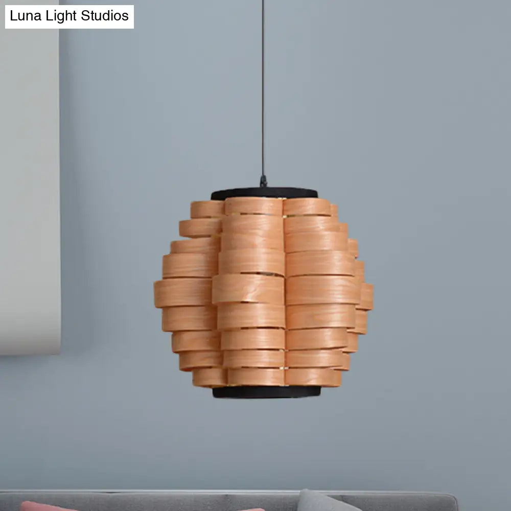 Chinese Single Light Veneer Pendant Lamp - Wide Wood Barrel Shade Hanging Light for Dining Room (16"/19.5"/23.5")