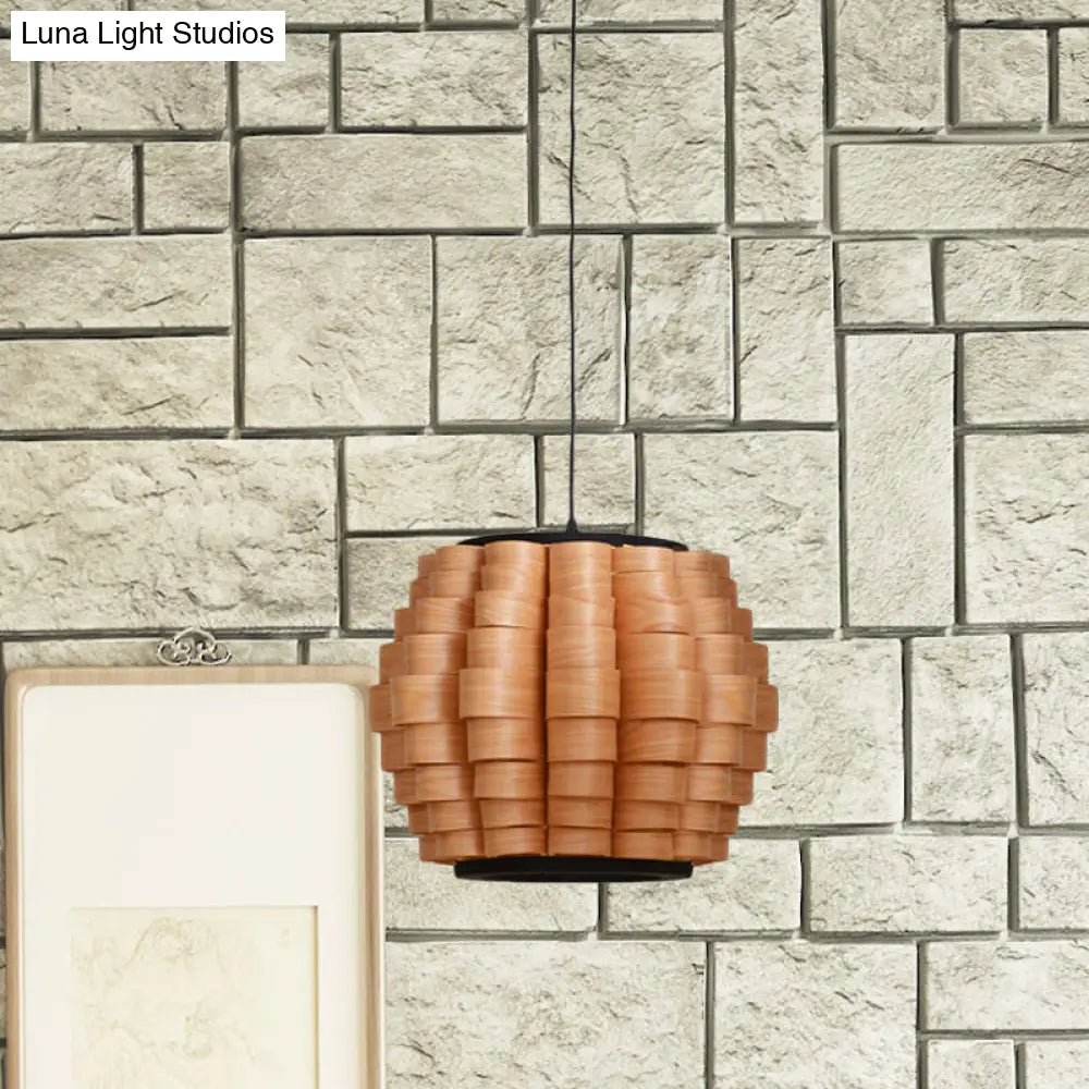 Chinese Single Light Veneer Pendant Lamp - Wide Wood Barrel Shade Hanging Light for Dining Room (16"/19.5"/23.5")