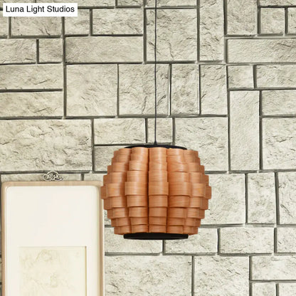 Chinese Single Light Veneer Pendant Lamp - Wide Wood Barrel Shade Hanging Light for Dining Room (16"/19.5"/23.5")