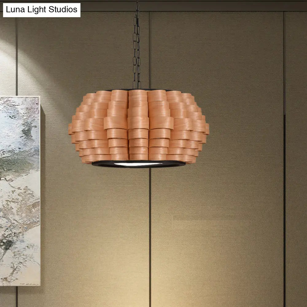 Chinese Single Light Veneer Pendant Lamp - Wide Wood Barrel Shade Hanging Light for Dining Room (16"/19.5"/23.5")