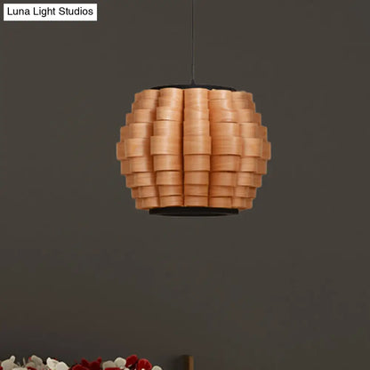 Chinese Single Light Veneer Pendant Lamp - Wide Wood Barrel Shade Hanging Light for Dining Room (16"/19.5"/23.5")