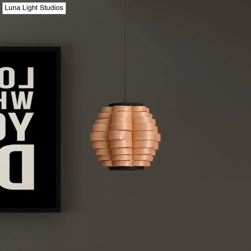 Chinese Single Light Veneer Pendant Lamp - Wide Wood Barrel Shade Hanging Light for Dining Room (16"/19.5"/23.5")