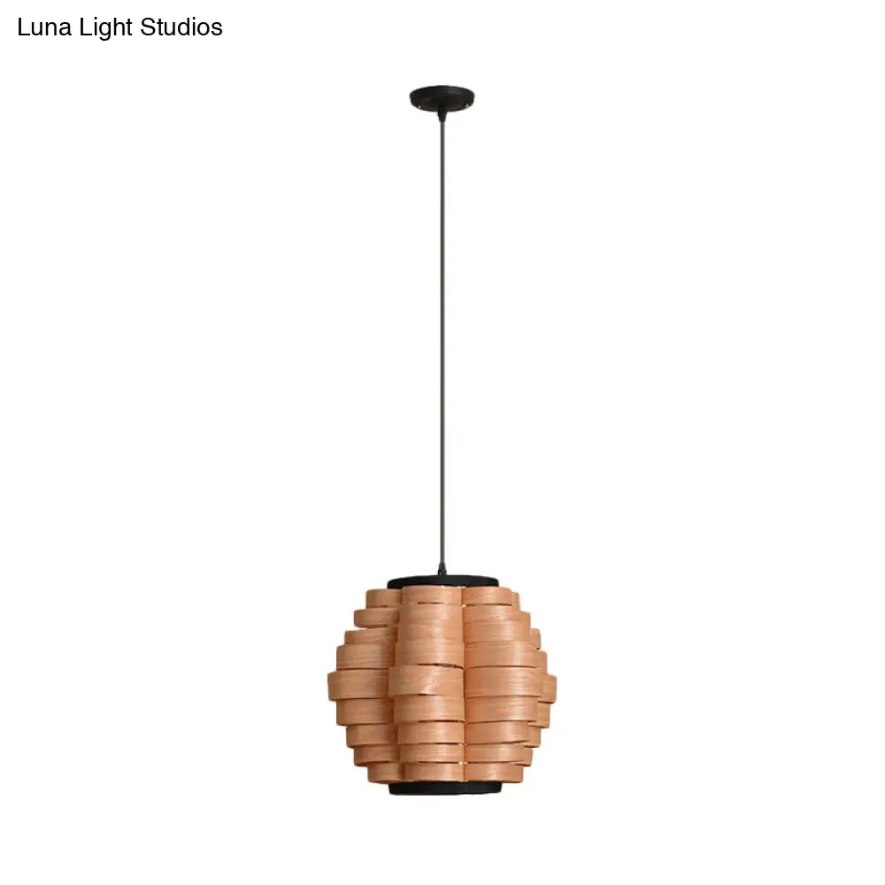 Chinese Single Light Veneer Pendant Lamp - Wide Wood Barrel Shade Hanging Light for Dining Room (16"/19.5"/23.5")