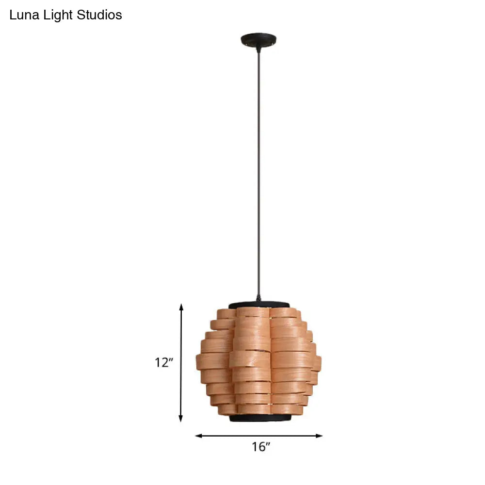 Chinese Single Light Veneer Pendant Lamp - Wide Wood Barrel Shade Hanging Light for Dining Room (16"/19.5"/23.5")