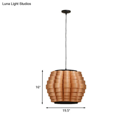 Chinese Single Light Veneer Pendant Lamp - Wide Wood Barrel Shade Hanging Light for Dining Room (16"/19.5"/23.5")