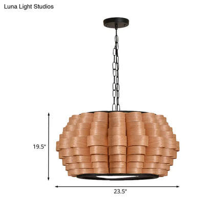 Chinese Single Light Veneer Pendant Lamp - Wide Wood Barrel Shade Hanging Light for Dining Room (16"/19.5"/23.5")