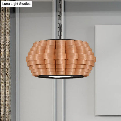 Chinese Single Light Veneer Pendant Lamp - Wide Wood Barrel Shade Hanging Light for Dining Room (16"/19.5"/23.5")