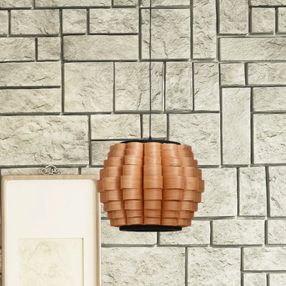 Chinese Single Light Veneer Pendant Lamp - Wide Wood Barrel Shade Hanging Light for Dining Room (16"/19.5"/23.5")