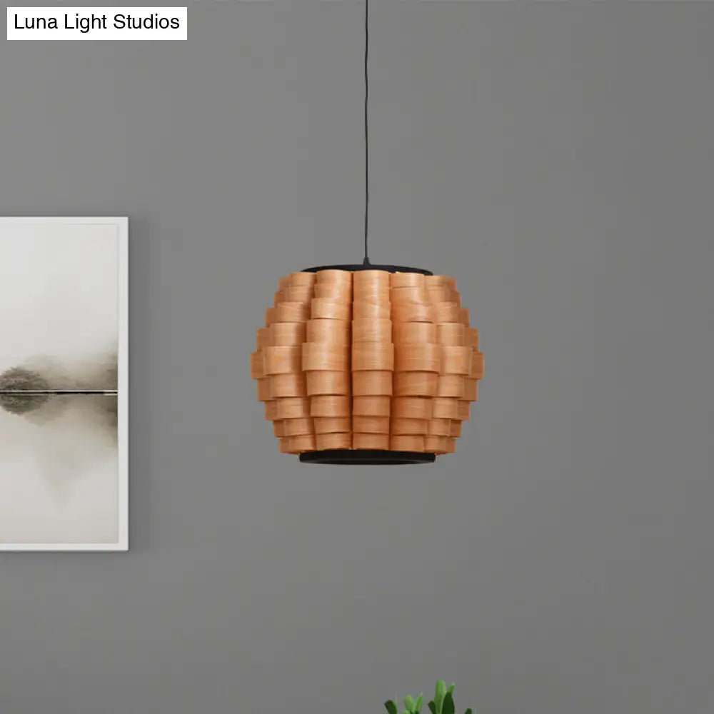 Chinese Single Light Veneer Pendant Lamp - Wide Wood Barrel Shade Hanging Light for Dining Room (16"/19.5"/23.5")