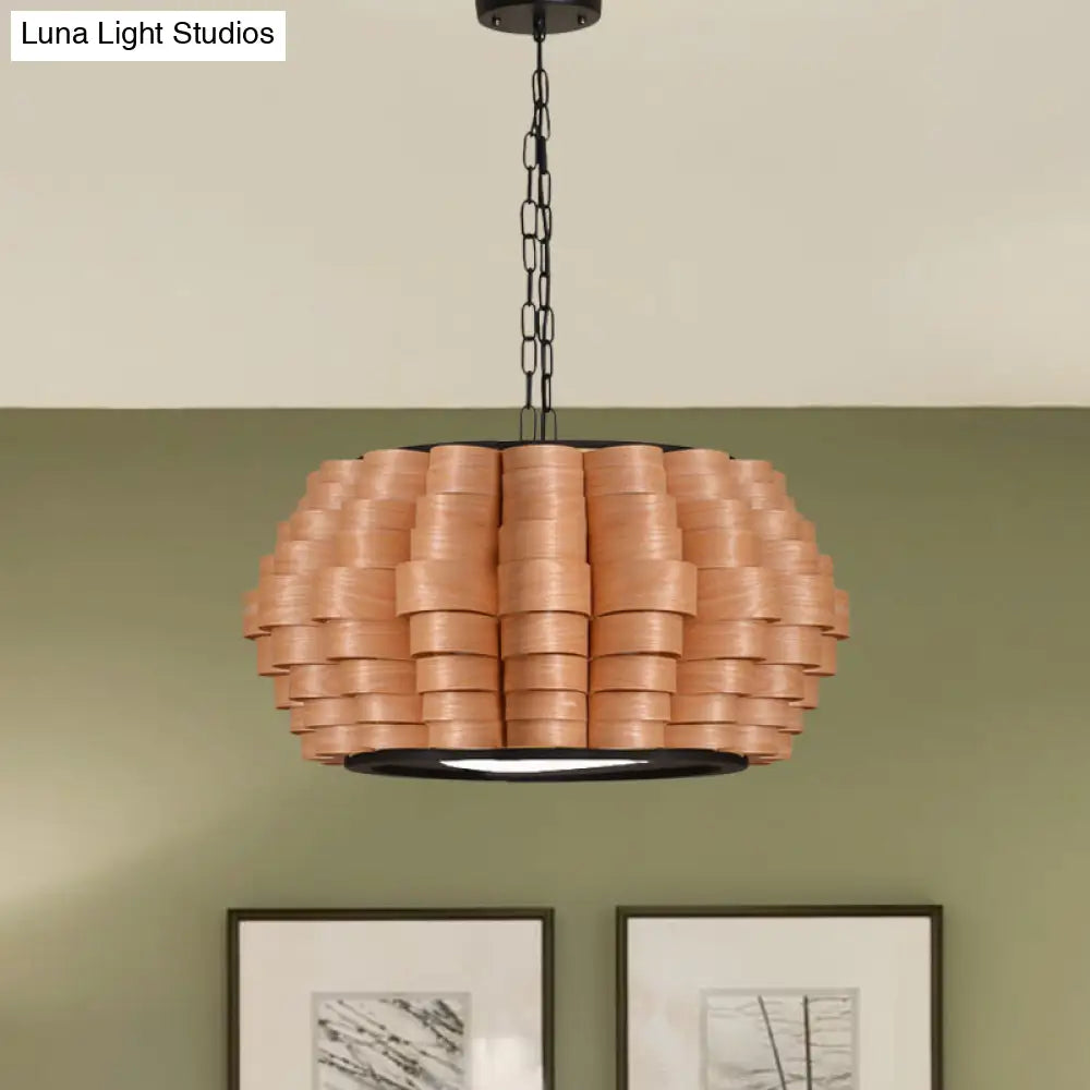 Chinese Single Light Veneer Pendant Lamp - Wide Wood Barrel Shade Hanging Light for Dining Room (16"/19.5"/23.5")