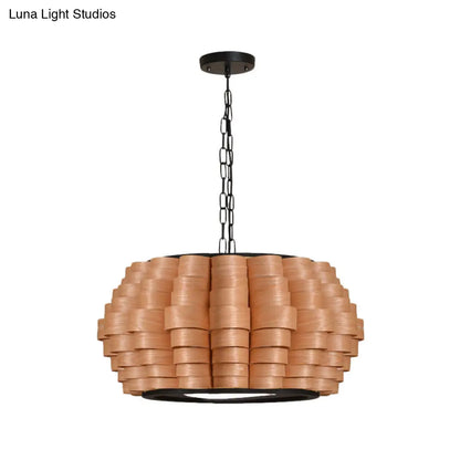 Chinese Single Light Veneer Pendant Lamp - Wide Wood Barrel Shade Hanging Light for Dining Room (16"/19.5"/23.5")