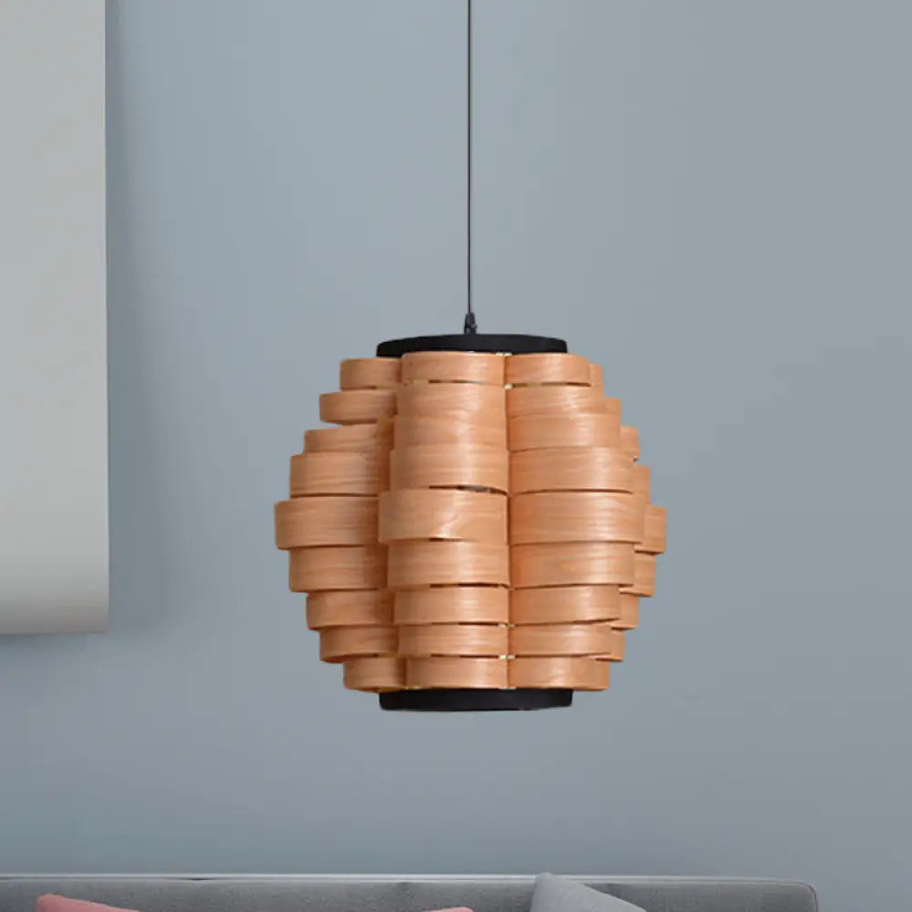 Chinese Single Light Veneer Pendant Lamp - Wide Wood Barrel Shade Hanging Light for Dining Room (16"/19.5"/23.5")