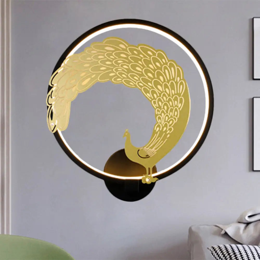 Chinese Style Acrylic LED Wall Mounted Lamp with Circular Wall Mural - Black/White, Left/Right Side