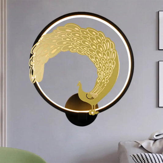 Chinese Style Acrylic LED Wall Mounted Lamp with Circular Wall Mural - Black/White, Left/Right Side