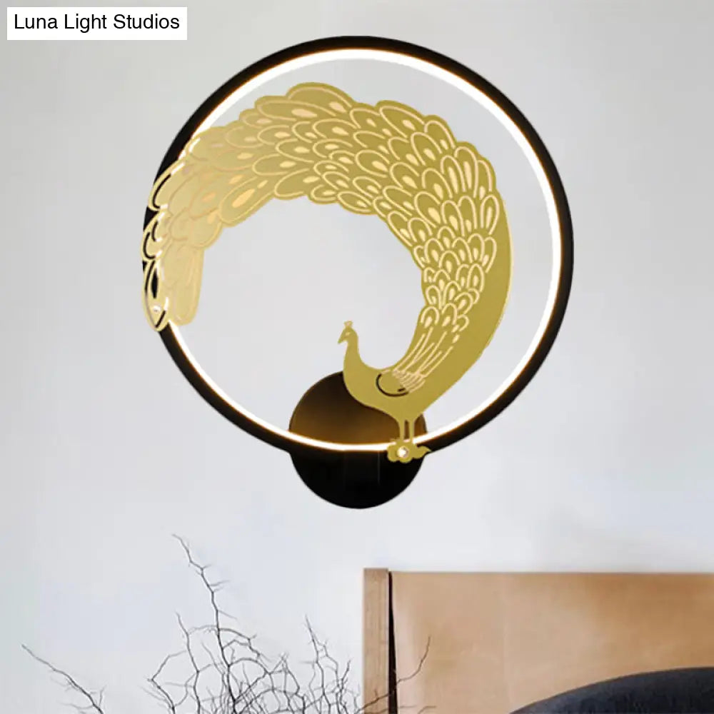 Chinese Style Acrylic LED Wall Mounted Lamp with Circular Wall Mural - Black/White, Left/Right Side