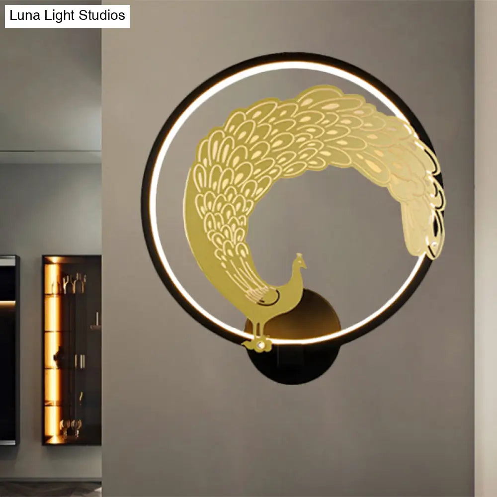 Chinese Style Acrylic LED Wall Mounted Lamp with Circular Wall Mural - Black/White, Left/Right Side