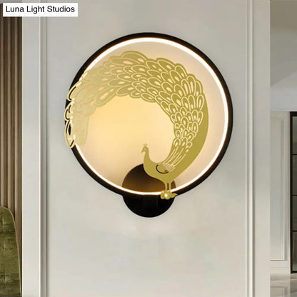 Chinese Style Acrylic LED Wall Mounted Lamp with Circular Wall Mural - Black/White, Left/Right Side