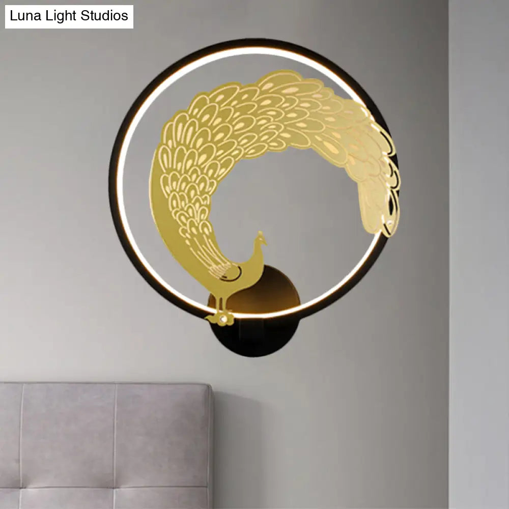 Chinese Style Acrylic LED Wall Mounted Lamp with Circular Wall Mural - Black/White, Left/Right Side