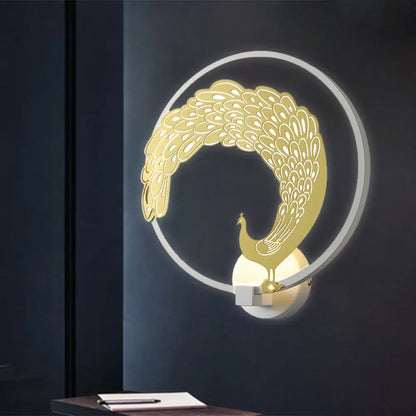 Chinese Style Acrylic LED Wall Mounted Lamp with Circular Wall Mural - Black/White, Left/Right Side