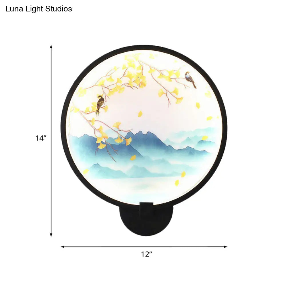 Chinese Style Acrylic LED Wall Sconce in Black – Ginkgo/Blooming Plum Mural Light Fixture for Bedrooms