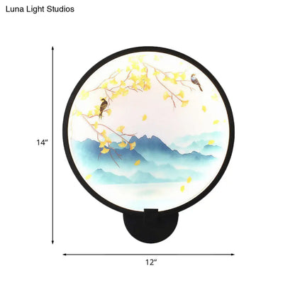 Chinese Style Acrylic LED Wall Sconce in Black – Ginkgo/Blooming Plum Mural Light Fixture for Bedrooms