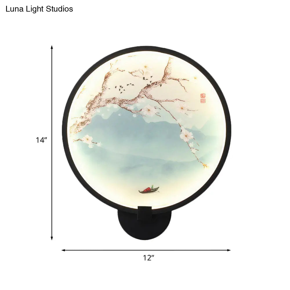 Chinese Style Acrylic LED Wall Sconce in Black – Ginkgo/Blooming Plum Mural Light Fixture for Bedrooms