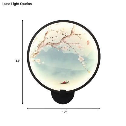 Chinese Style Acrylic LED Wall Sconce in Black – Ginkgo/Blooming Plum Mural Light Fixture for Bedrooms