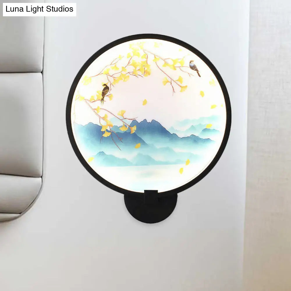 Chinese Style Acrylic LED Wall Sconce in Black – Ginkgo/Blooming Plum Mural Light Fixture for Bedrooms