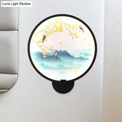 Chinese Style Acrylic LED Wall Sconce in Black – Ginkgo/Blooming Plum Mural Light Fixture for Bedrooms