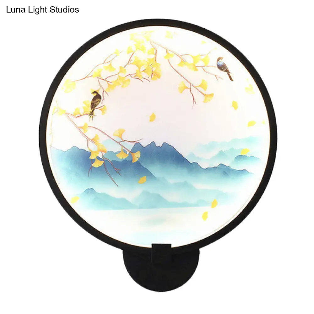 Chinese Style Acrylic LED Wall Sconce in Black – Ginkgo/Blooming Plum Mural Light Fixture for Bedrooms