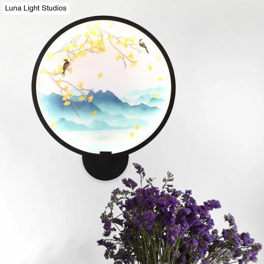 Chinese Style Acrylic LED Wall Sconce in Black – Ginkgo/Blooming Plum Mural Light Fixture for Bedrooms