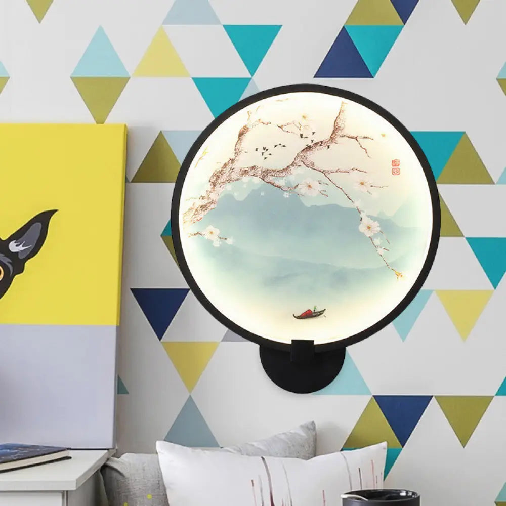 Chinese Style Acrylic LED Wall Sconce in Black – Ginkgo/Blooming Plum Mural Light Fixture for Bedrooms