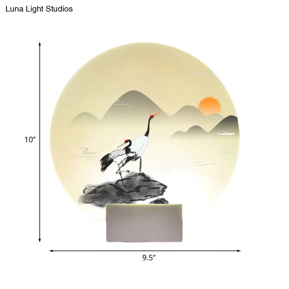 Lámpara de pared LED de estilo chino con mural acrílico, blanca con diseño de montaña y grulla.