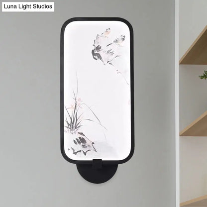 Lámpara LED mural de pared acrílica de estilo chino: rectangular, negra, para montaje en pared con diseño de pájaro