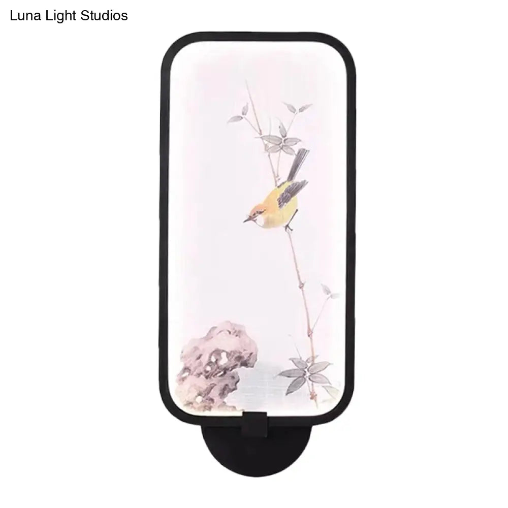 Lámpara LED mural de pared acrílica de estilo chino: rectangular, negra, para montaje en pared con diseño de pájaro